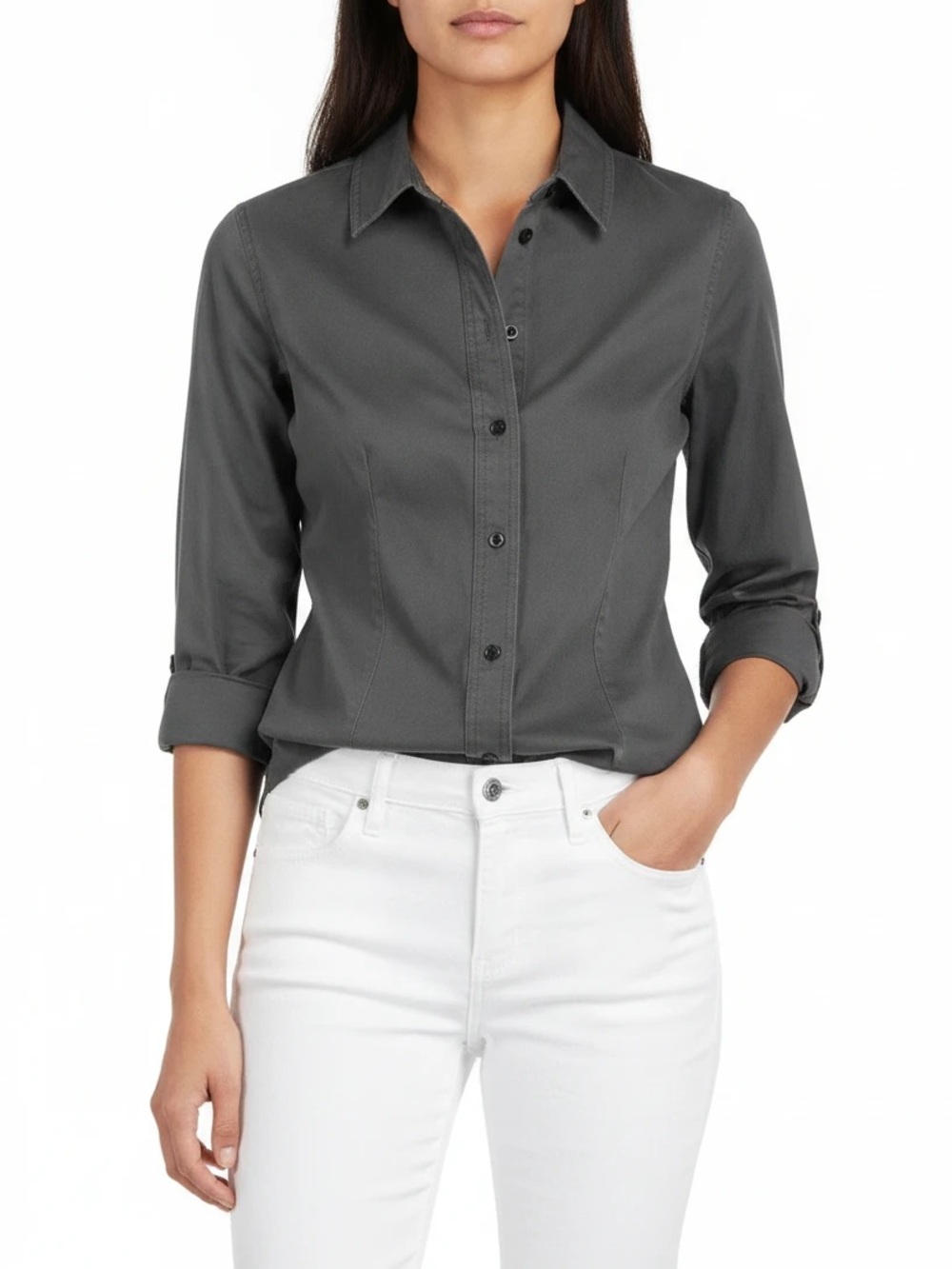 Madewell Women’s Darted Button Up Short Sleeve in Washed Charcoal. Size 10